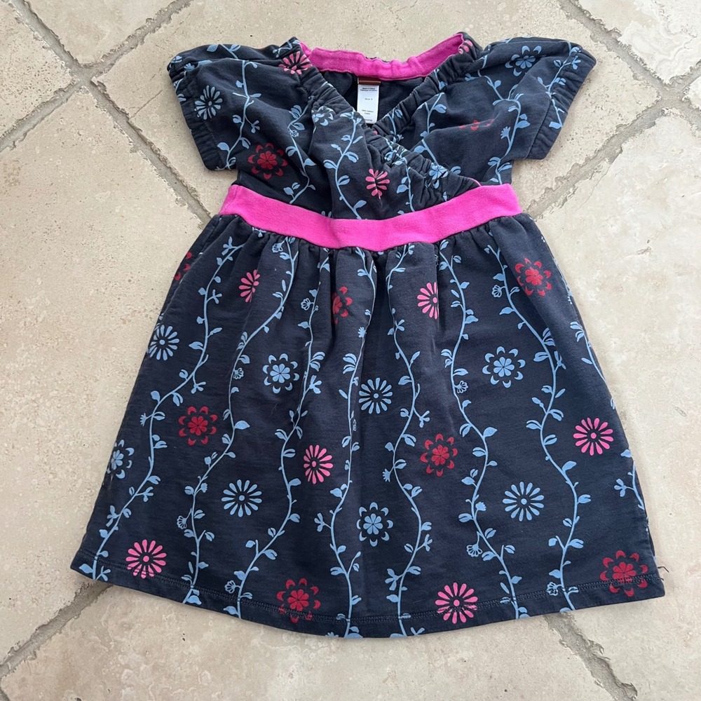 Tea Collection Girls 5 Blue Pink Floral Vine Cotton Jersey Dress French Terry